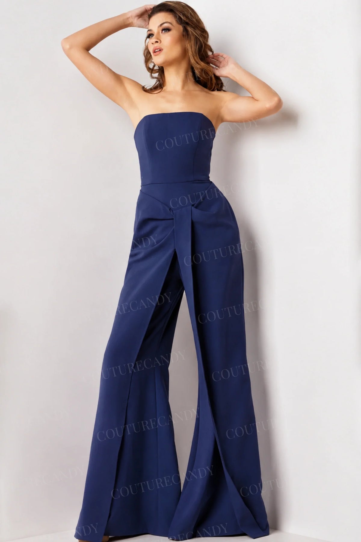 Jovani - 03828 Strapless Straight Neck Wide Leg Evening Jumpsuit