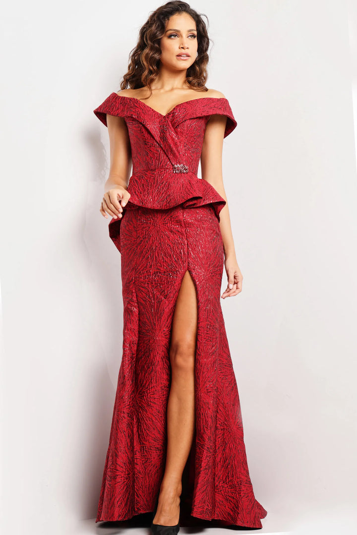 Jovani - 03944 Off Shoulder High Slit Jacquard Mermaid Gown