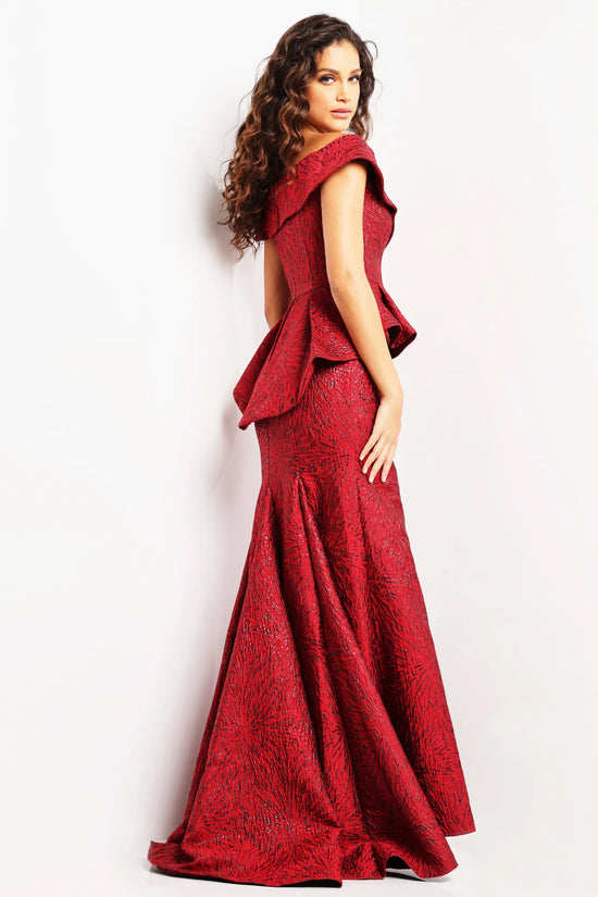 Jovani - 03944 Off Shoulder High Slit Jacquard Mermaid Gown