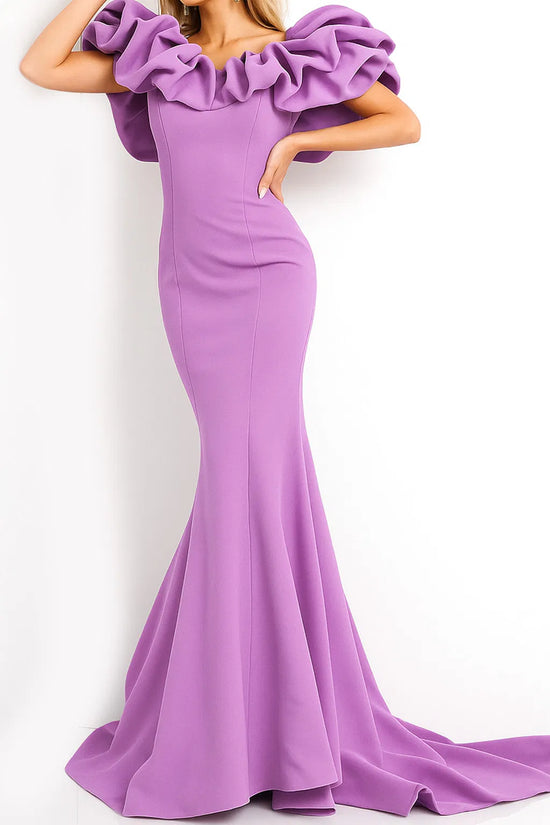 Jovani - 04368 Ruffled Off Shoulder Scuba Mermaid Evening Dress