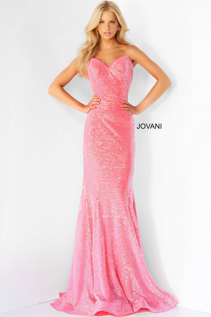 Jovani - 04831 Strapless Peaked V-Neck Sequin Mermaid Gown - Fuchsia - Main