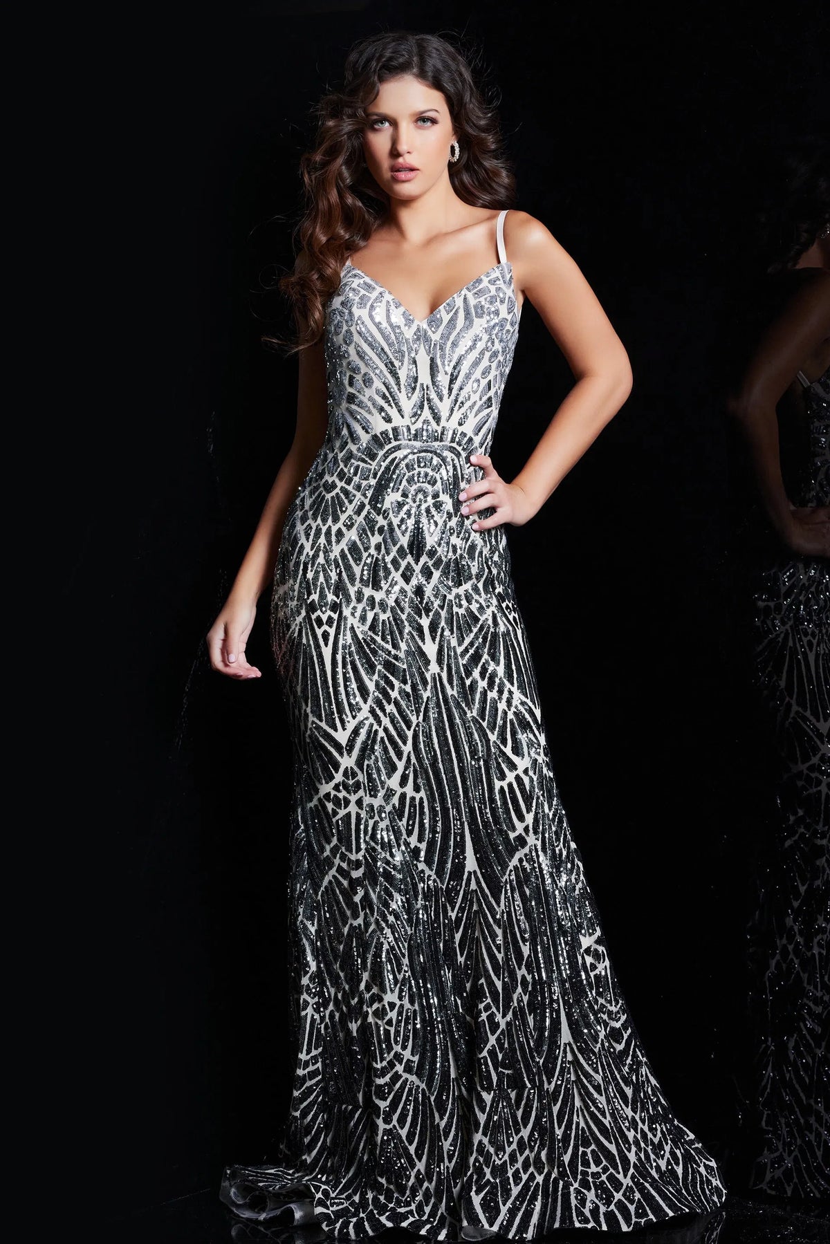 Jovani - 06450 Two Tone Sequined V Neck Trumpet Dress