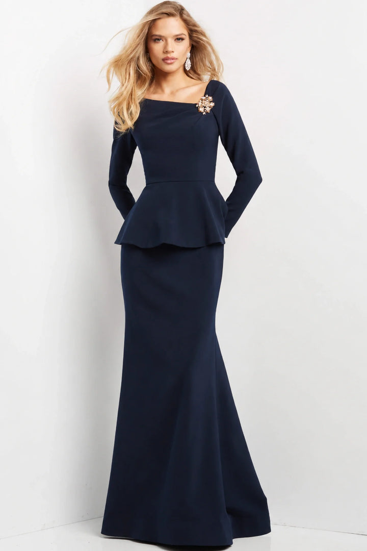Jovani - Asymmetric Trumpet Formal Gown 07131SC - Navy - Main