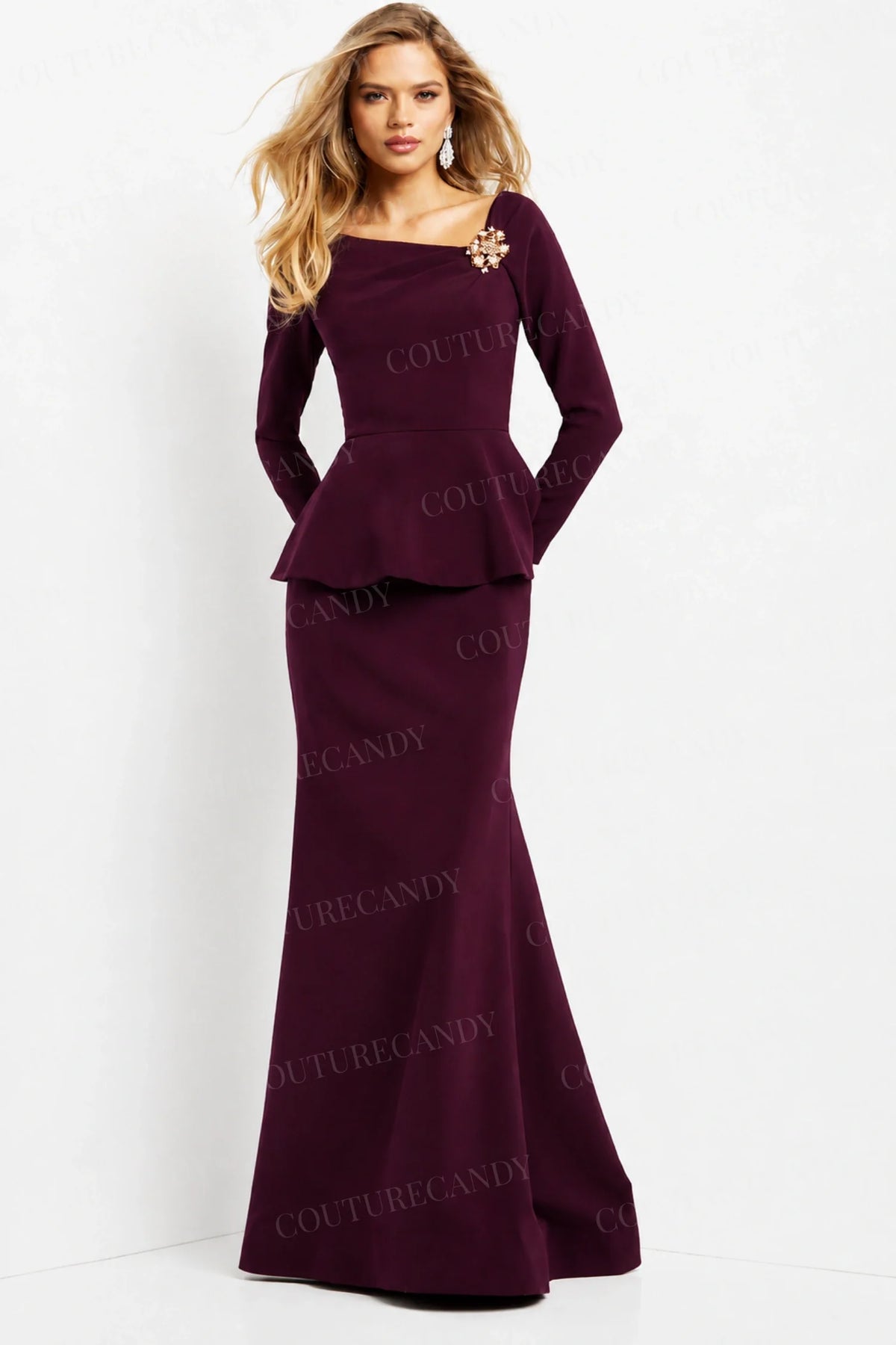 Jovani 07131 - Peplum Long Sleeve Evening Gown