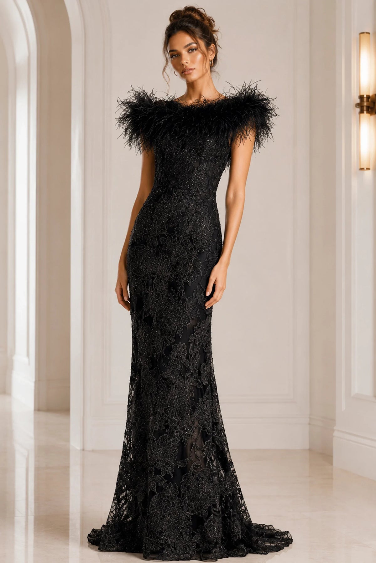 Jovani 23030 - Lace Evening Dress with Feather Fringes