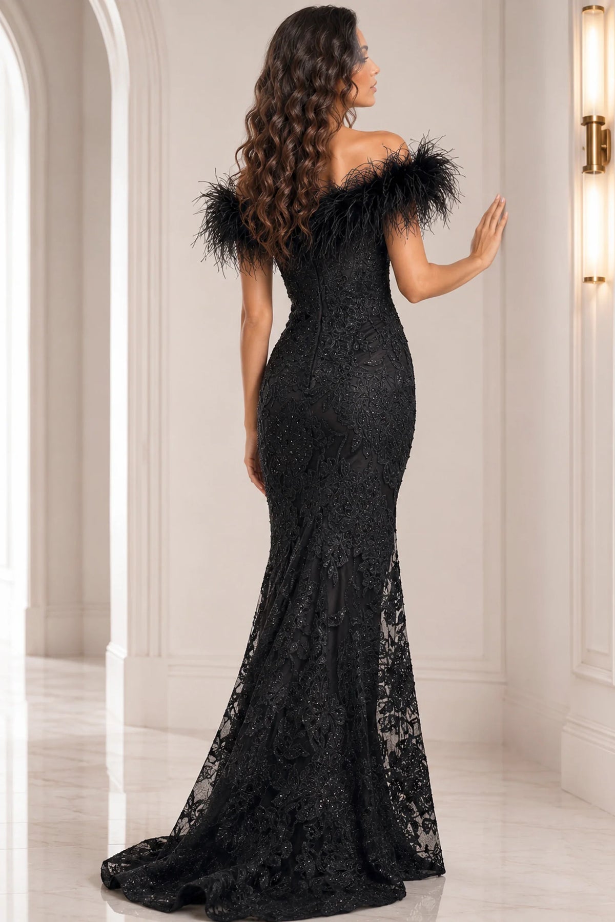 Jovani 23030 - Lace Evening Dress with Feather Fringes