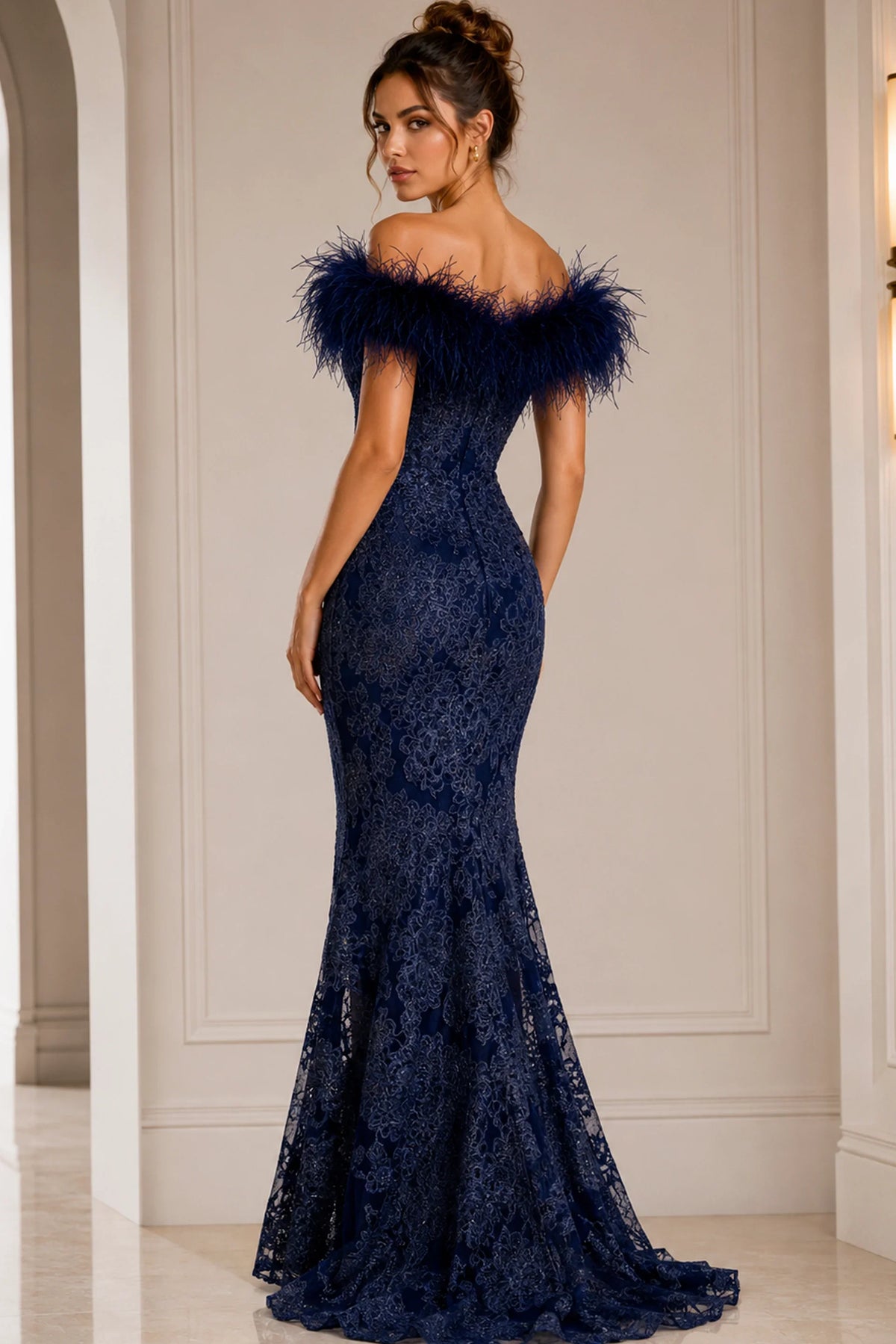 Jovani 23030 - Lace Evening Dress with Feather Fringes