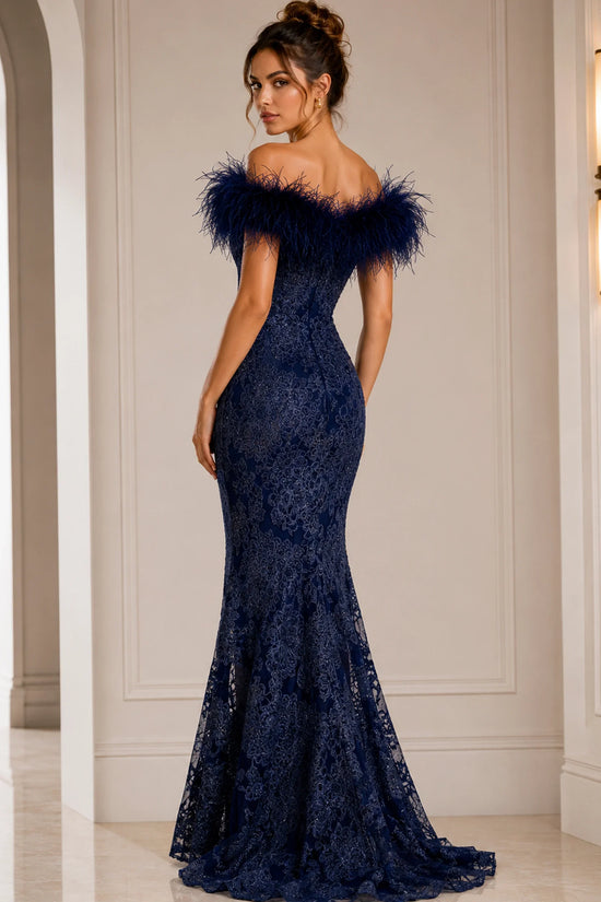 Jovani 23030 - Lace Evening Dress with Feather Fringes