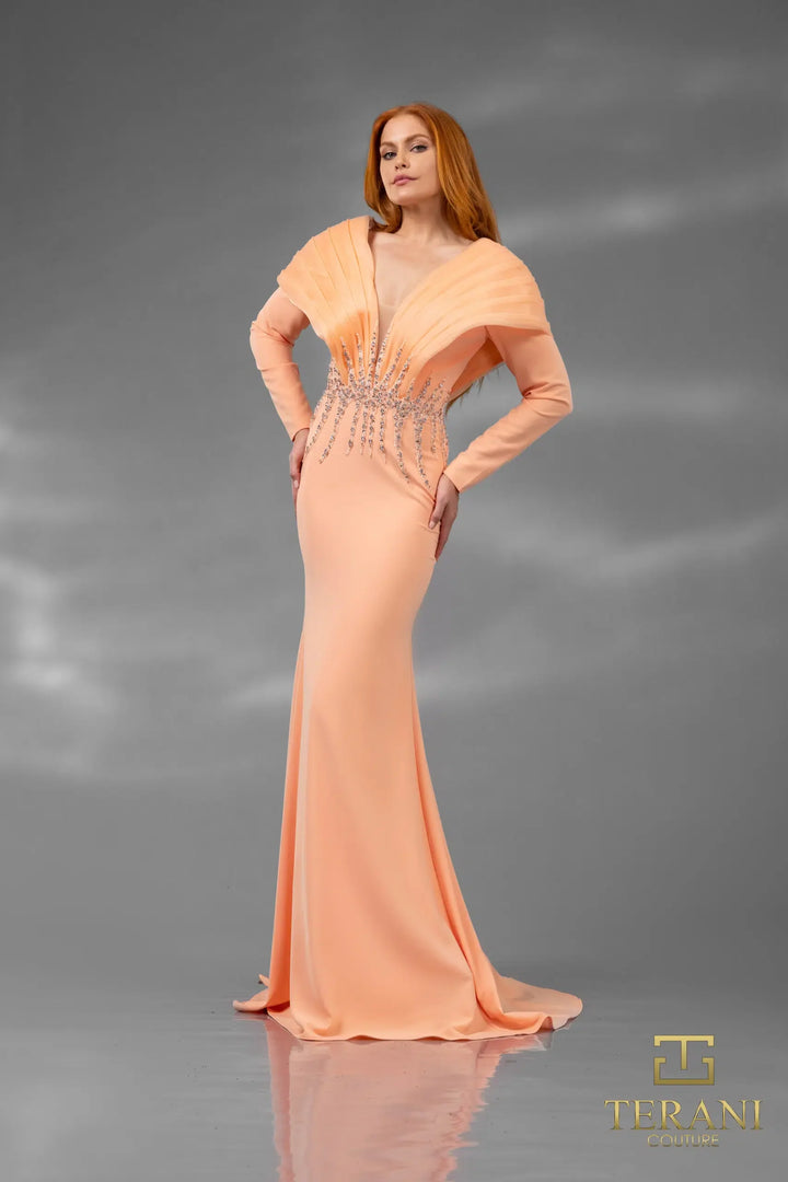 Terani Couture 251E4222 - Long Sleeve Crepe Sheath Evening Dress
