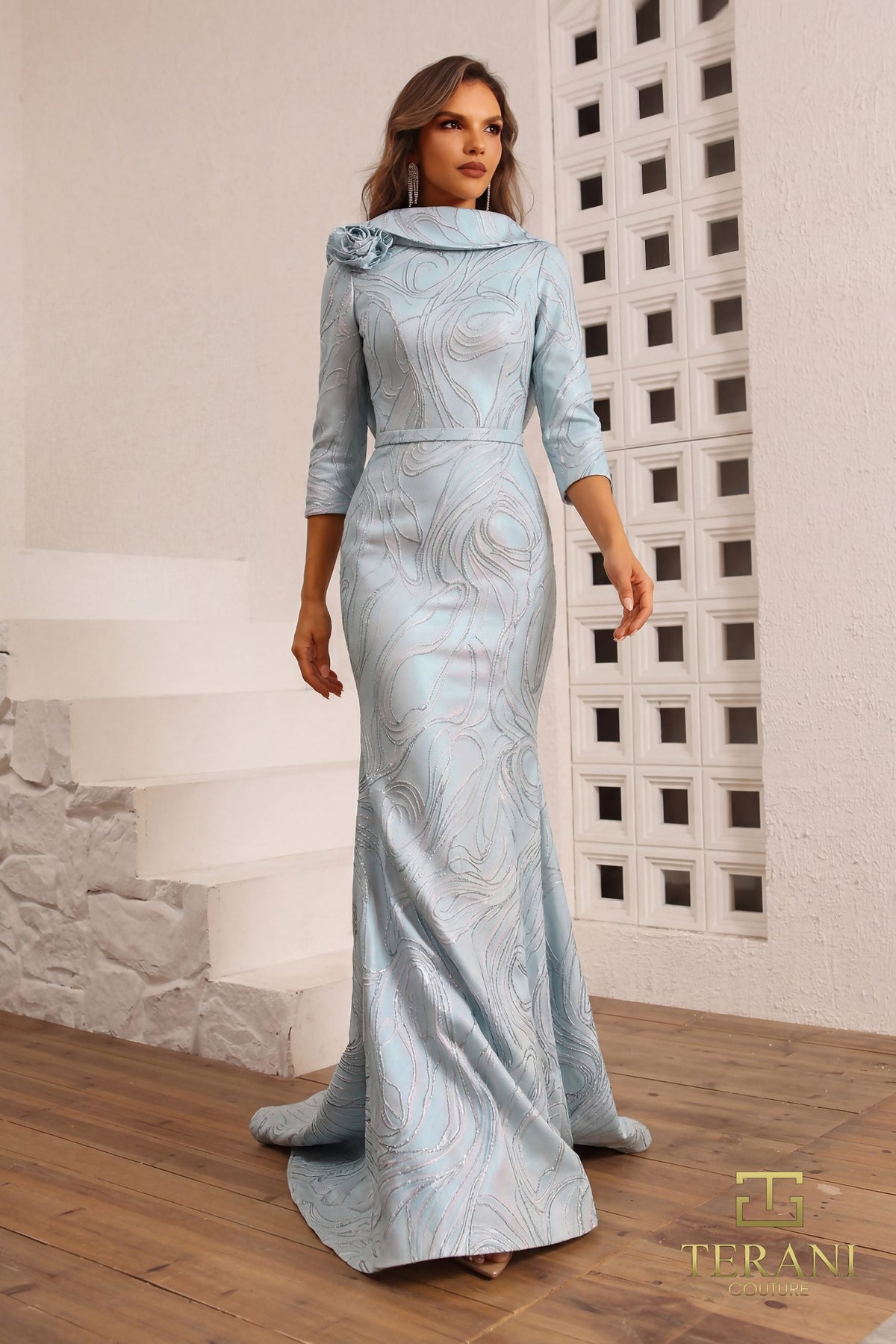 Terani Couture 251M4455 - Quarter Sleeved Jacquard Evening Dress