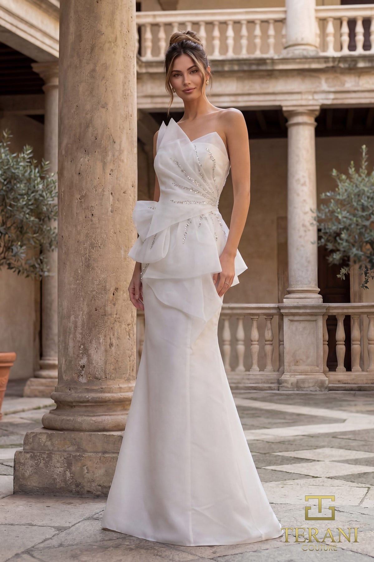 Terani Couture 252E5550 - Asymmetrical Layered Peplum Gown