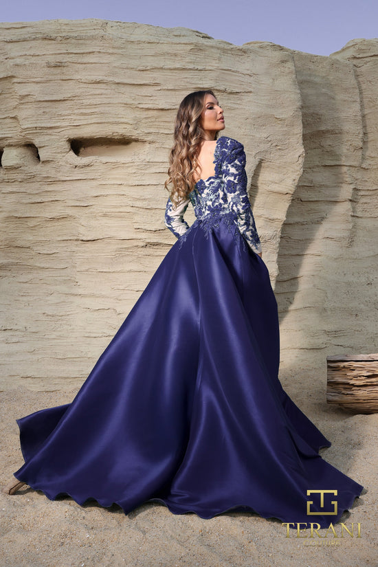 Terani Couture 252M5311 - V-Neck Appliqued Gown with Overskirt