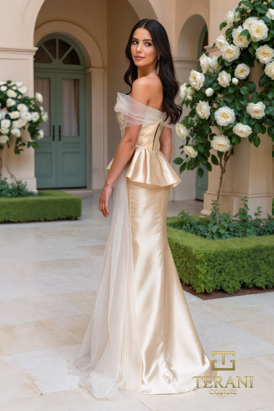 Terani Couture 252M5357 - Off Shoulder Pleated Peplum Gown