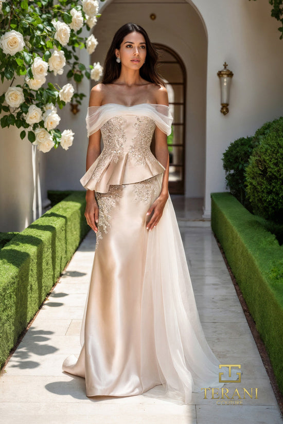 Terani Couture 252M5357 - Off Shoulder Pleated Peplum Gown
