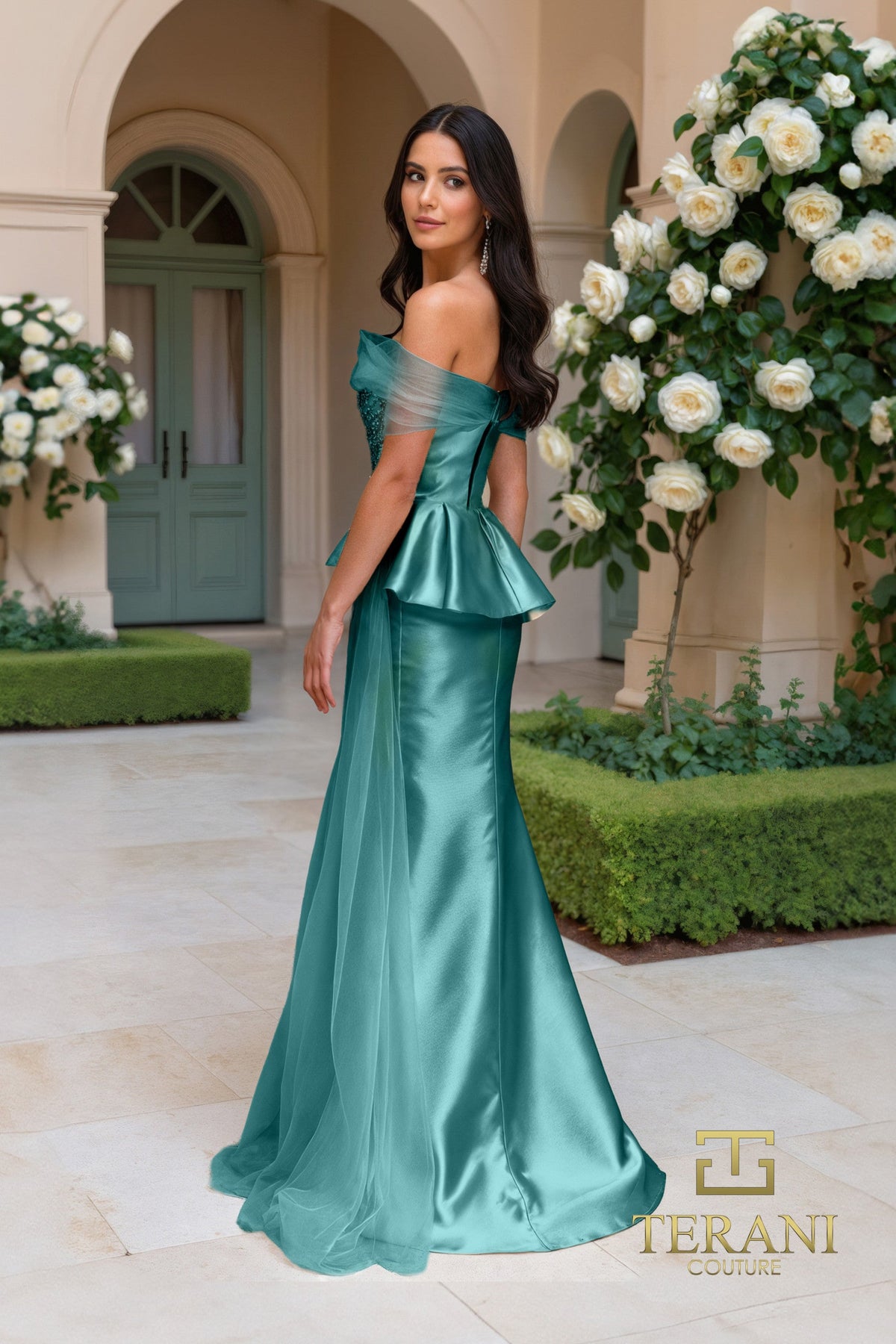Terani Couture 252M5357 - Off Shoulder Pleated Peplum Gown