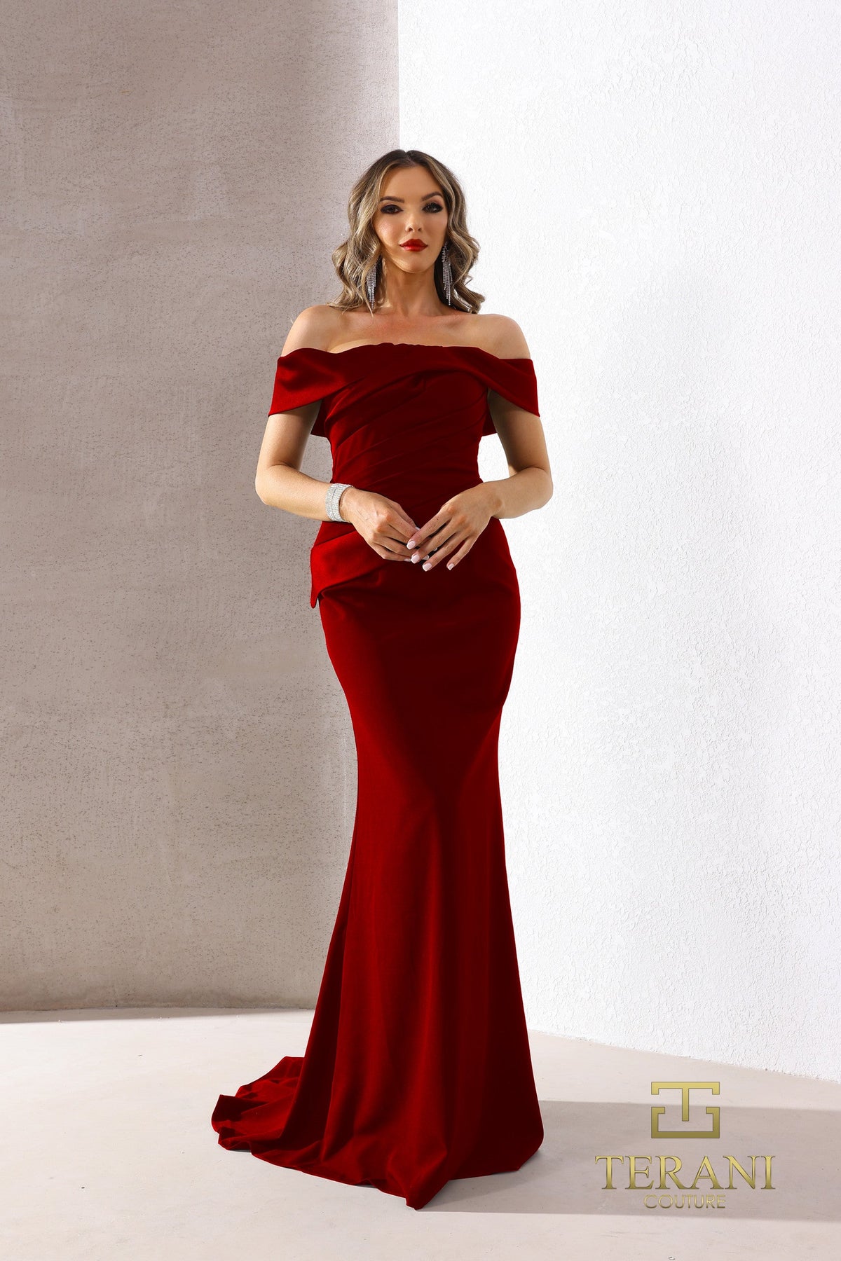 Terani Couture 252E5101 - Off Shoulder Pleated Crepe Gown