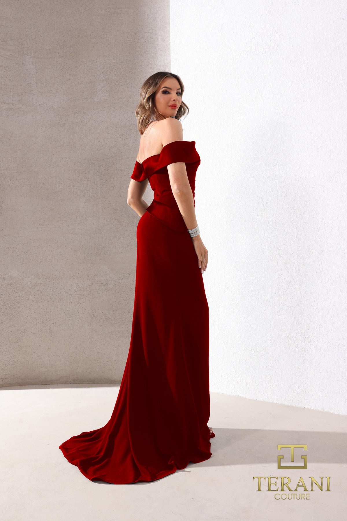 Terani Couture 252E5101 - Off Shoulder Pleated Crepe Gown