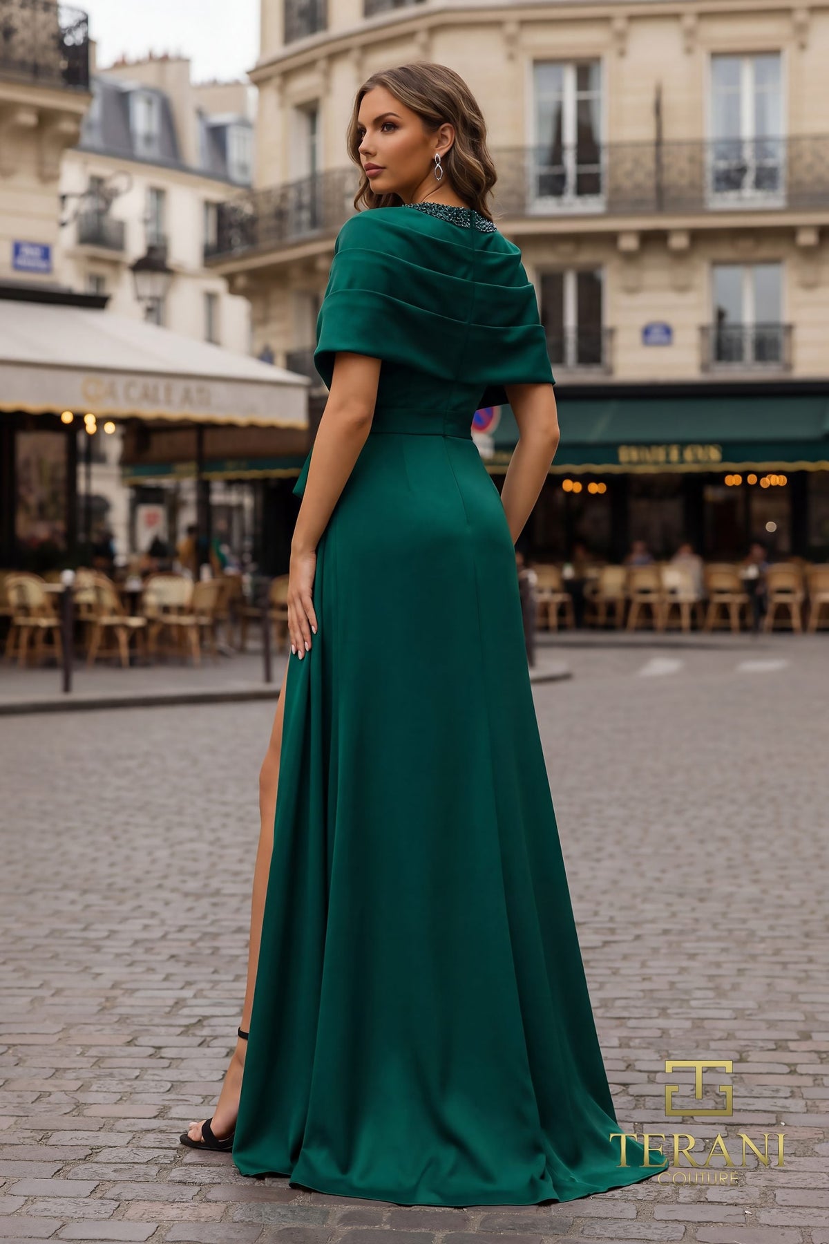 Terani Couture 252M5304 - Embellished Deep V-Neck Satin Gown