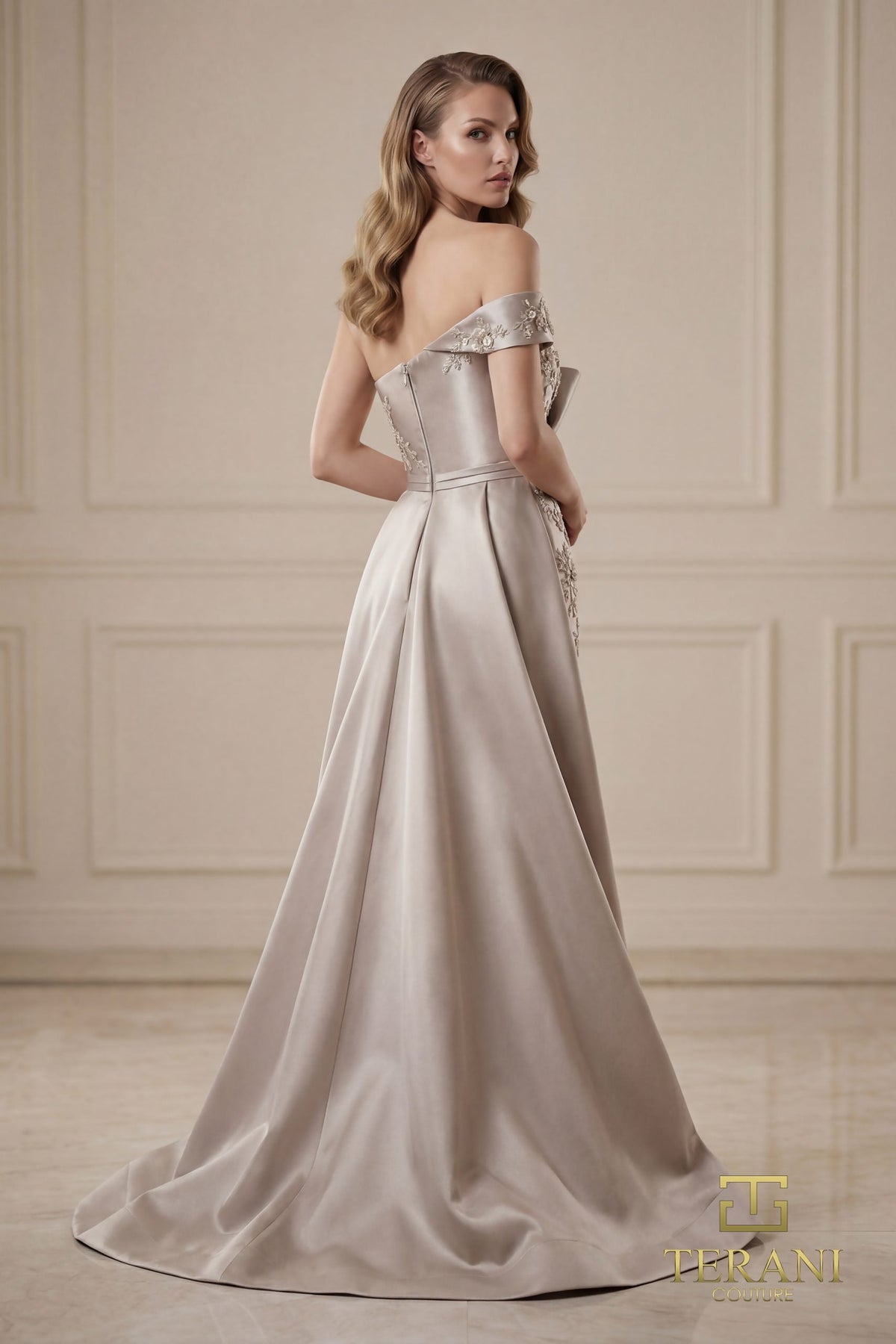 Terani Couture 252M5309 - Off Shoulder Floral Embroidered Gown