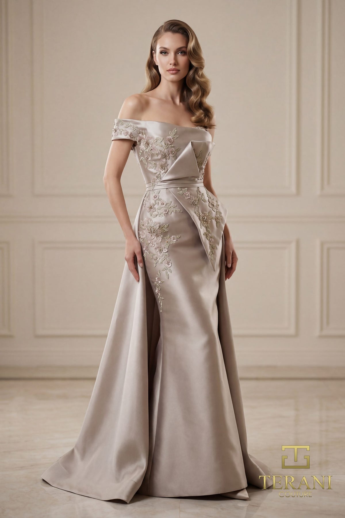Terani Couture 252M5309 - Off Shoulder Floral Embroidered Gown