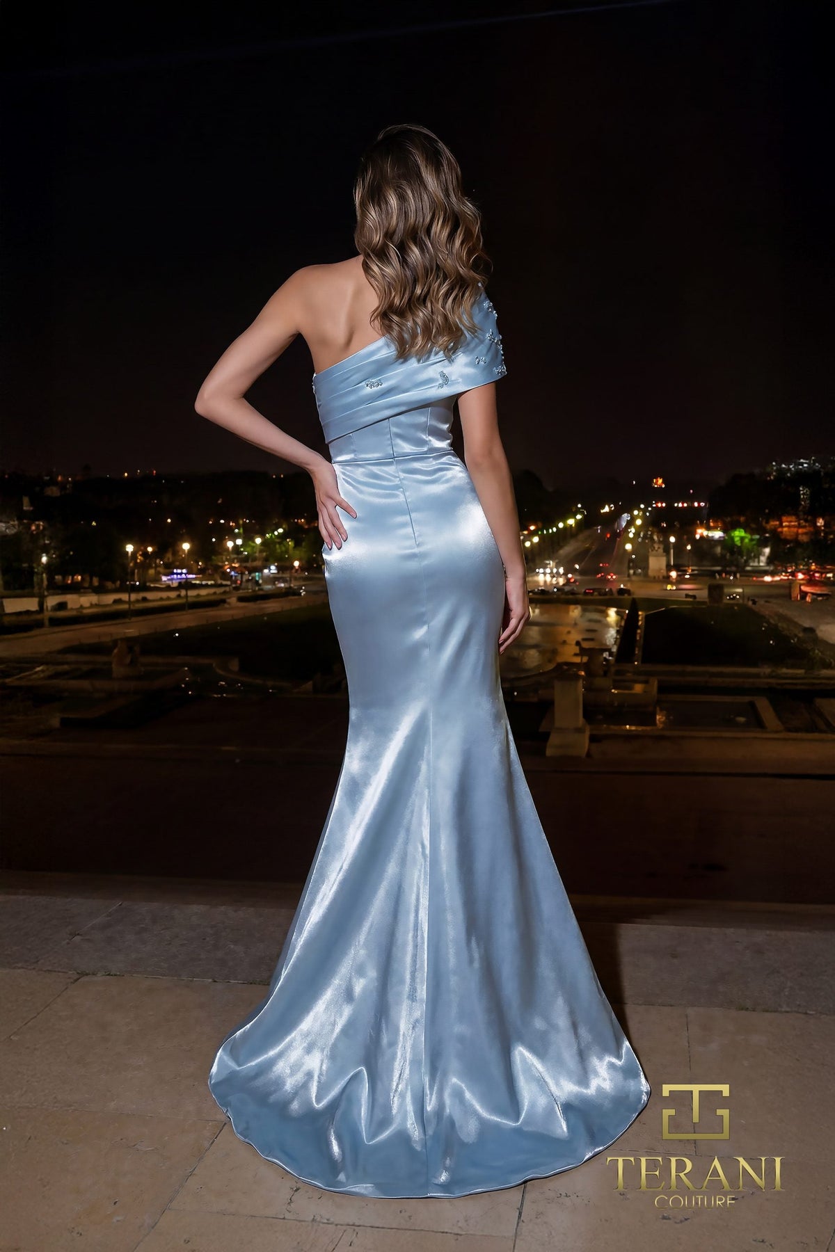 Terani Couture 261E6227 - Asymmetric Neck Shimmer Evening Gown
