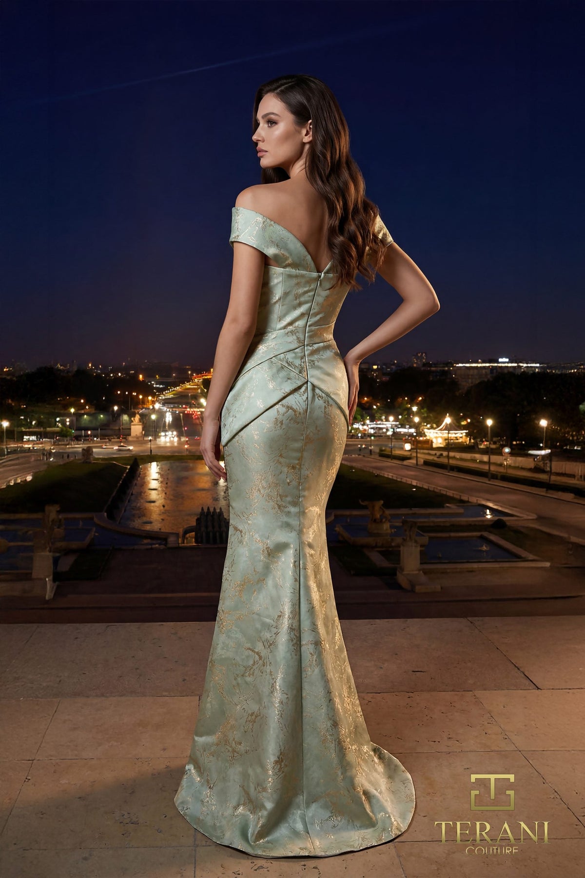 Terani Couture 261E6252 Off Shoulder Jacquard Dress