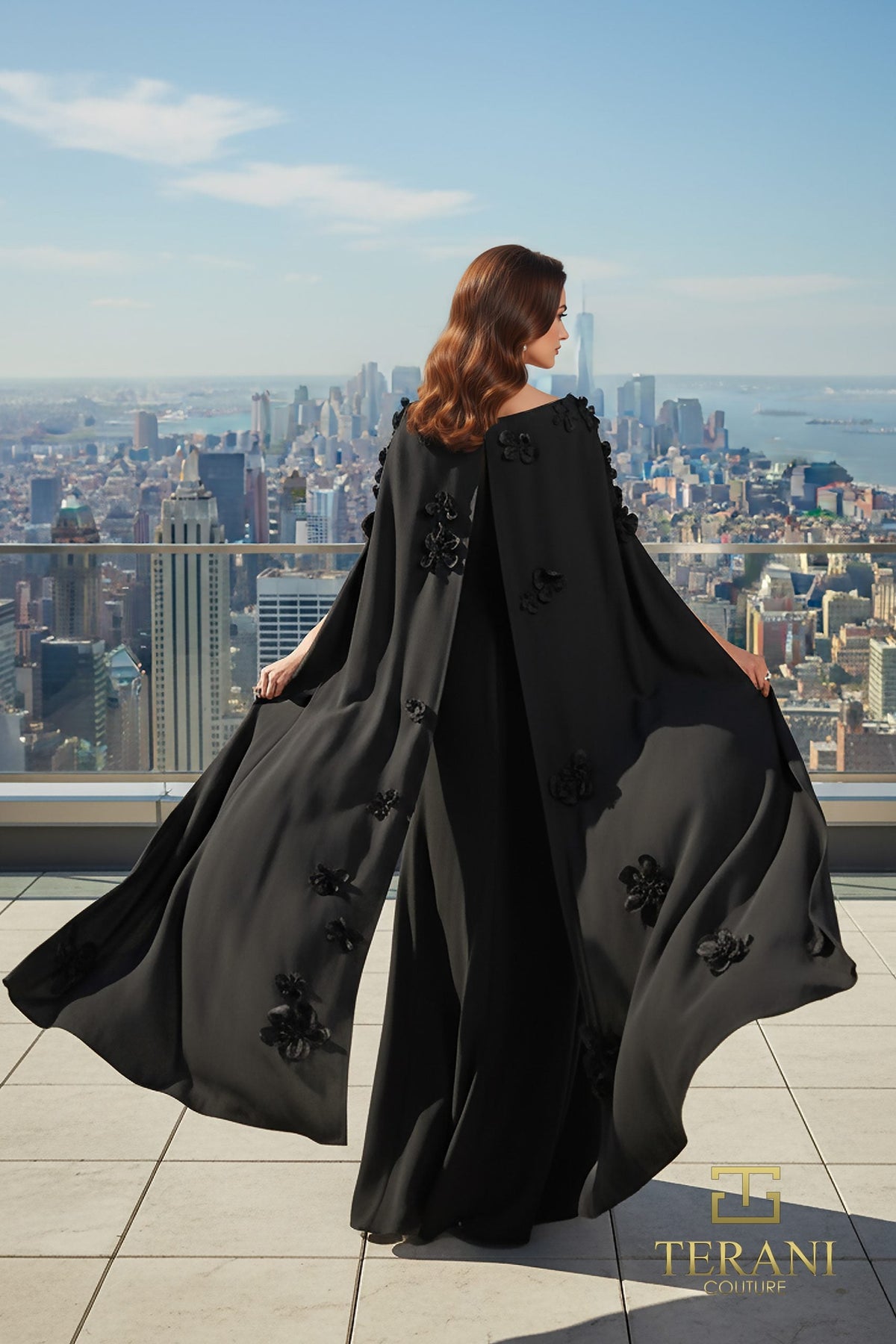 Terani Couture 261M6687 - Bateau Neck Crepe Gown with Cape