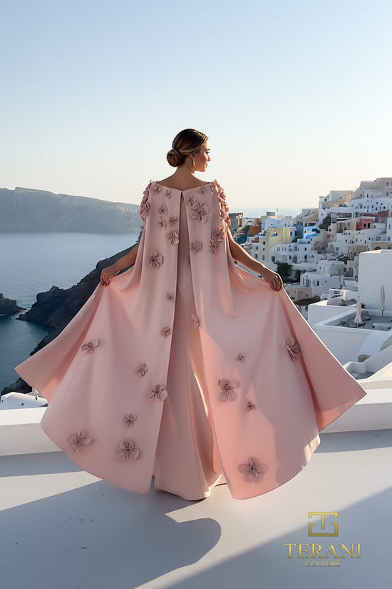 Terani Couture 261M6687 - Bateau Neck Crepe Gown with Cape