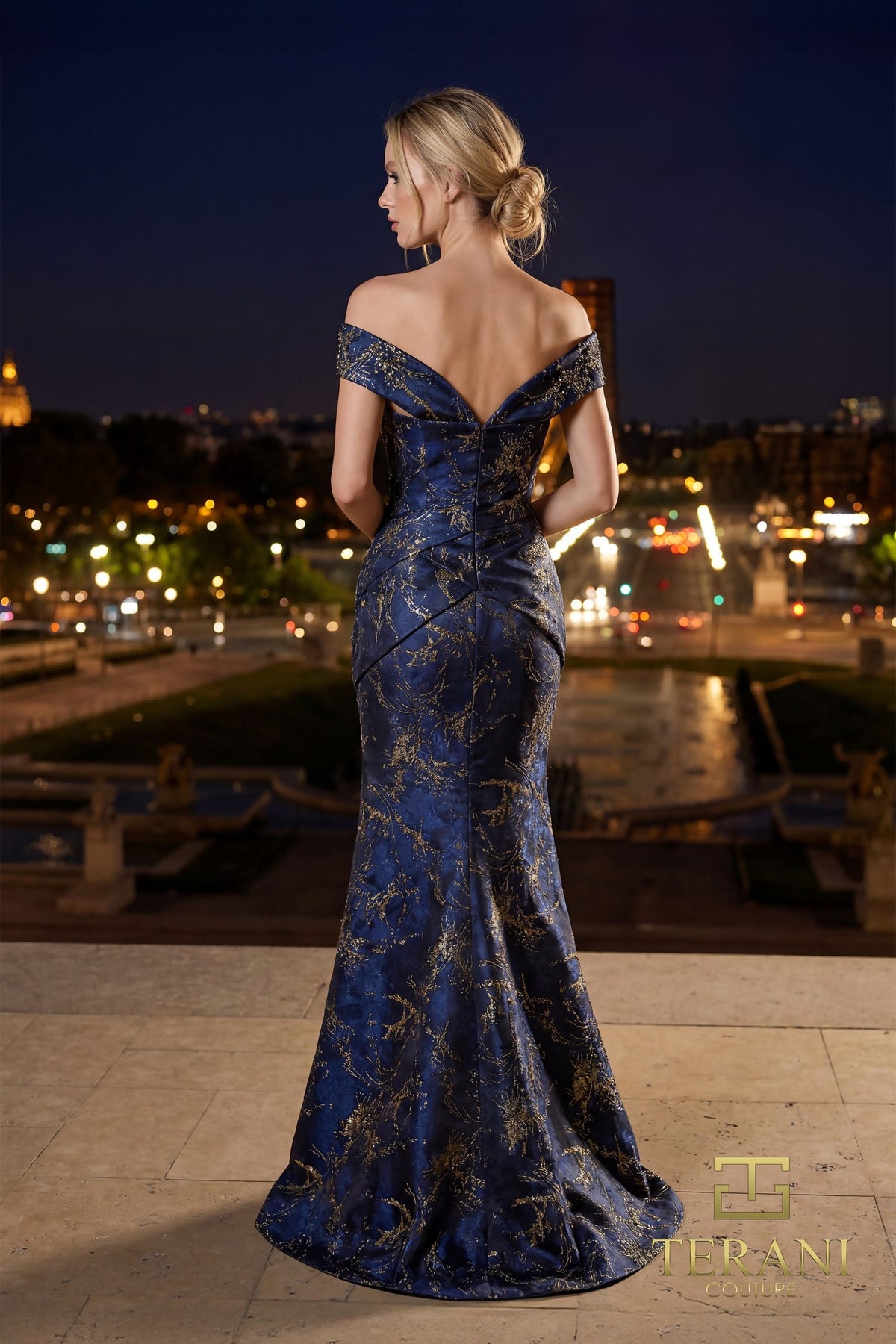 Terani Couture 261E6252 Off Shoulder Jacquard Dress