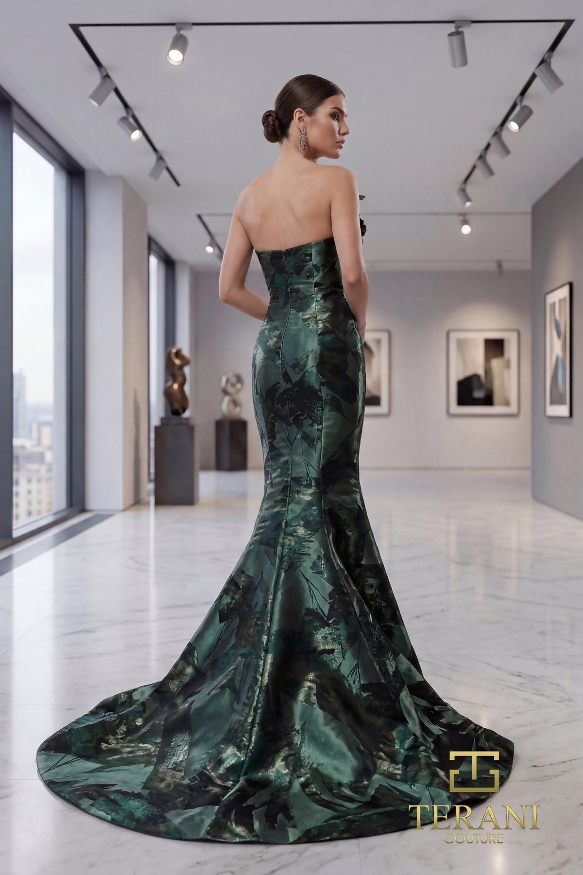 Terani Couture 261E6259 - Straight Neckline Shimmer Jacquard Gown