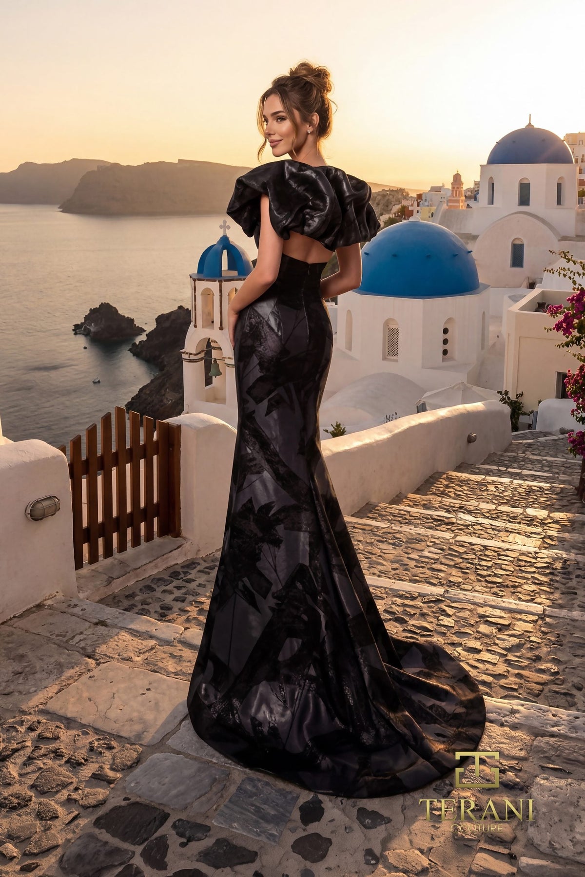 Terani Couture 261E6268 - Textured Jacquard Puff Sleeve Evening Gown