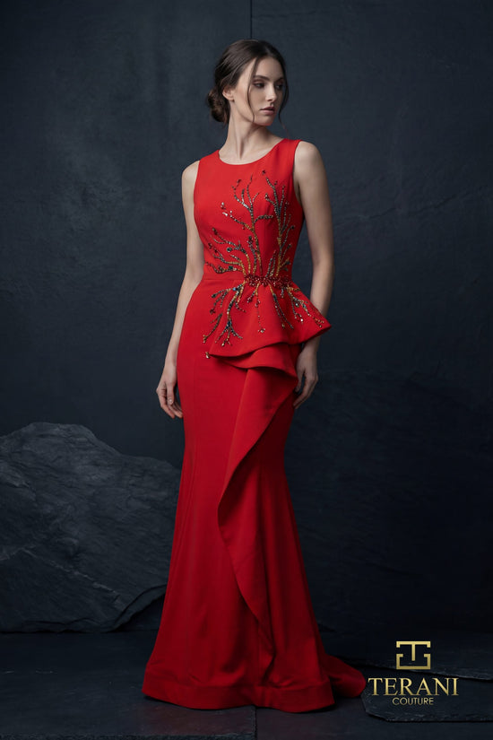Terani Couture 261E6750 - Beaded Crepe Peplum Evening Dress