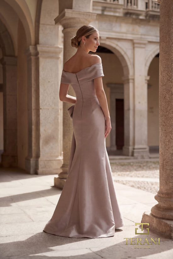 Terani Couture 261M6431 - Off Shoulder Front Drape Gown with Beading
