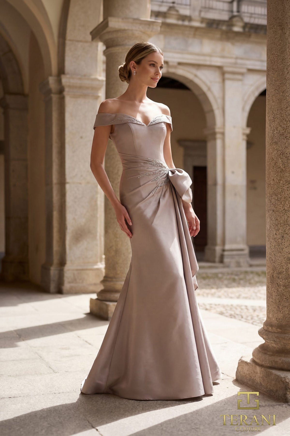 Terani Couture 261M6431 - Off Shoulder Front Drape Gown with Beading