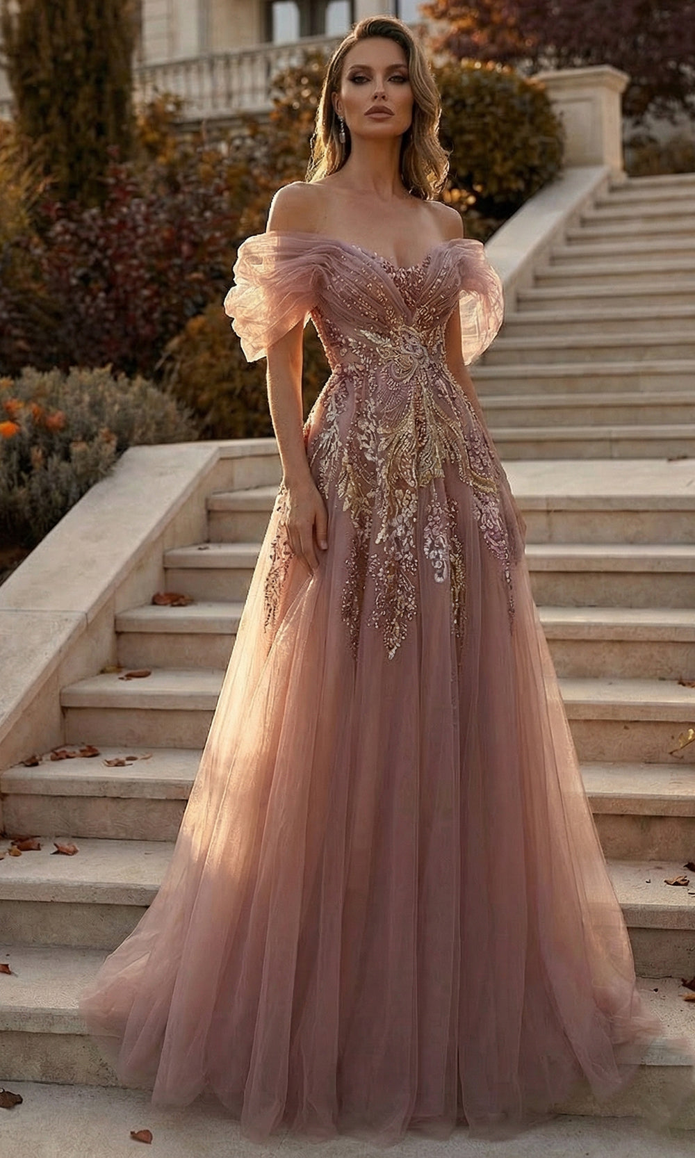 Terani Couture 262M7322 - Off Shoulder Puff Sleeve Beaded Gown In Pink