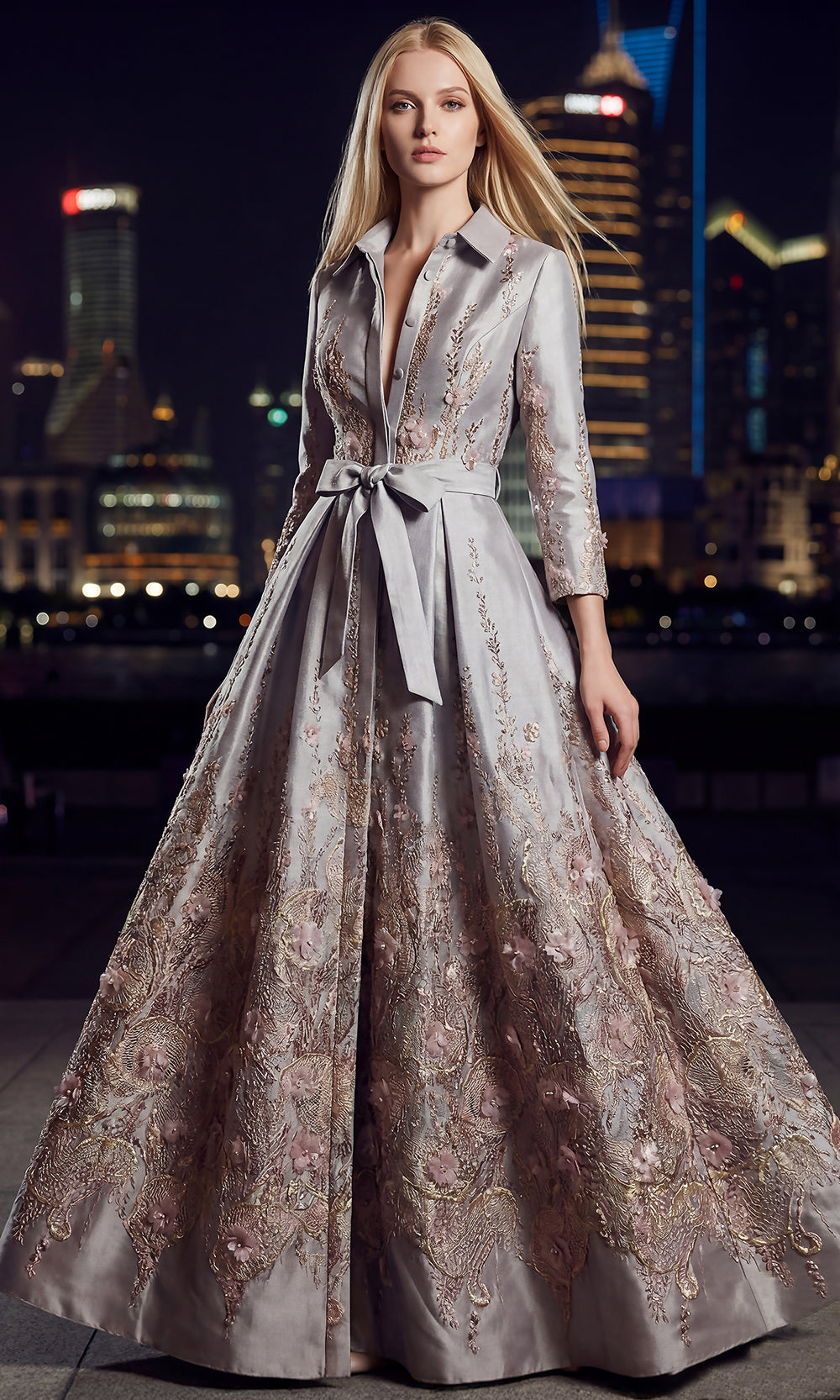 Terani Couture 262M7269 - Collared A-Line Formal Gown with Buttons In Brown