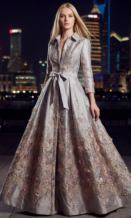 Terani Couture 262M7269 - Collared A-Line Formal Gown with Buttons In Brown