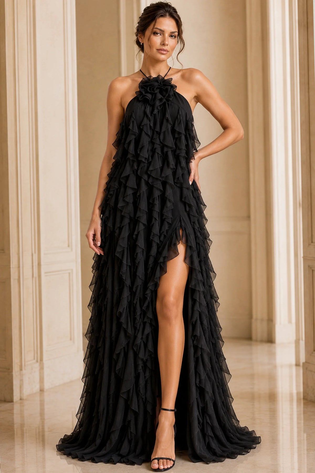 Jovani 39823 - Halter Chiffon Ruffle Evening Gown