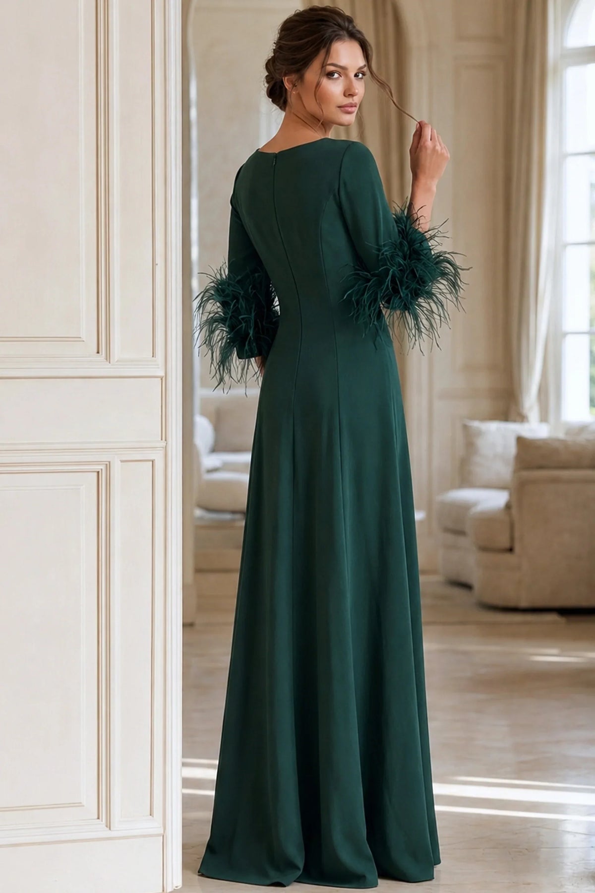 Jovani 40200 - Long Sleeve Feather Cuff Evening Gown