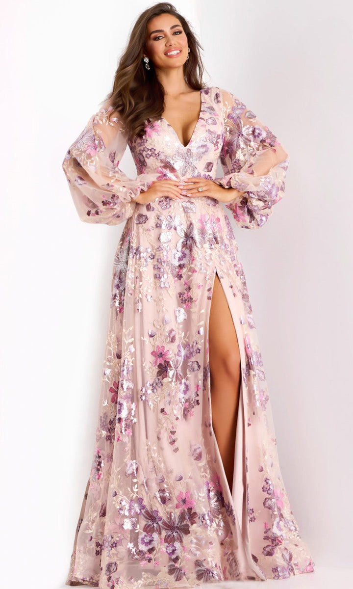 Jovani 44655 - Long Sleeve Metallic Embroidered Gown - Blush/Lilac - Main