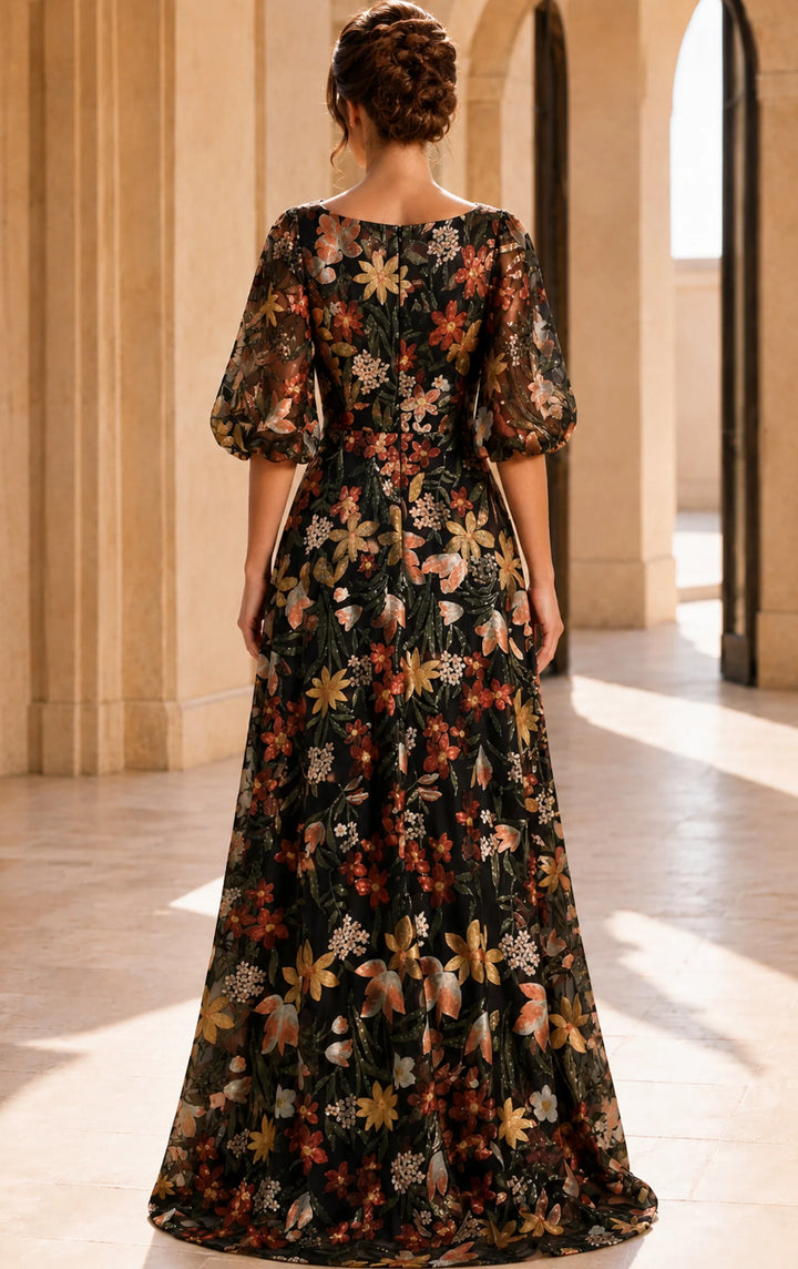 Jovani 44656 - Floral Pattern Puff Sleeve Long Gown