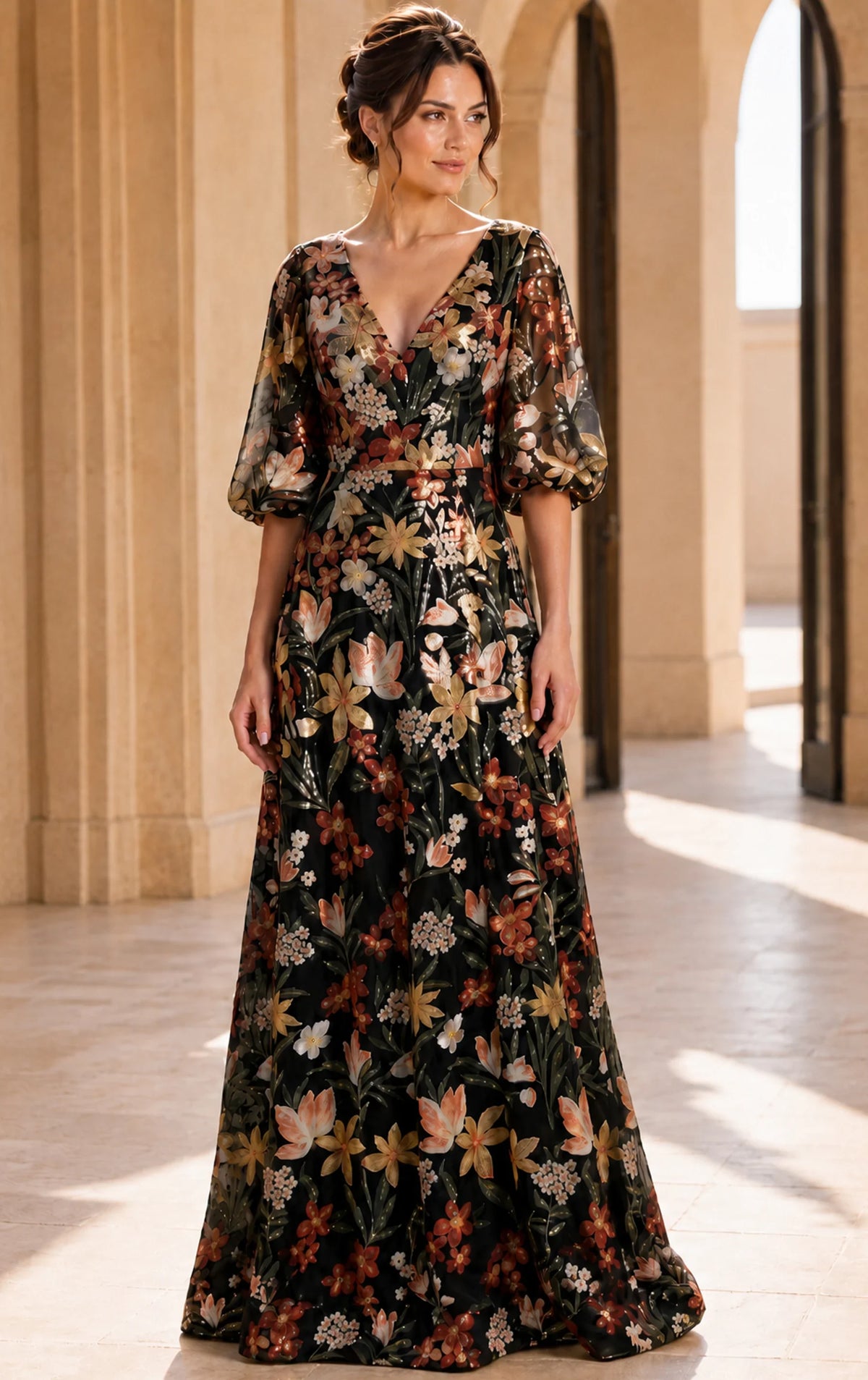 Jovani 44656 - Floral Pattern Puff Sleeve Long Gown - Black/Multi - Main