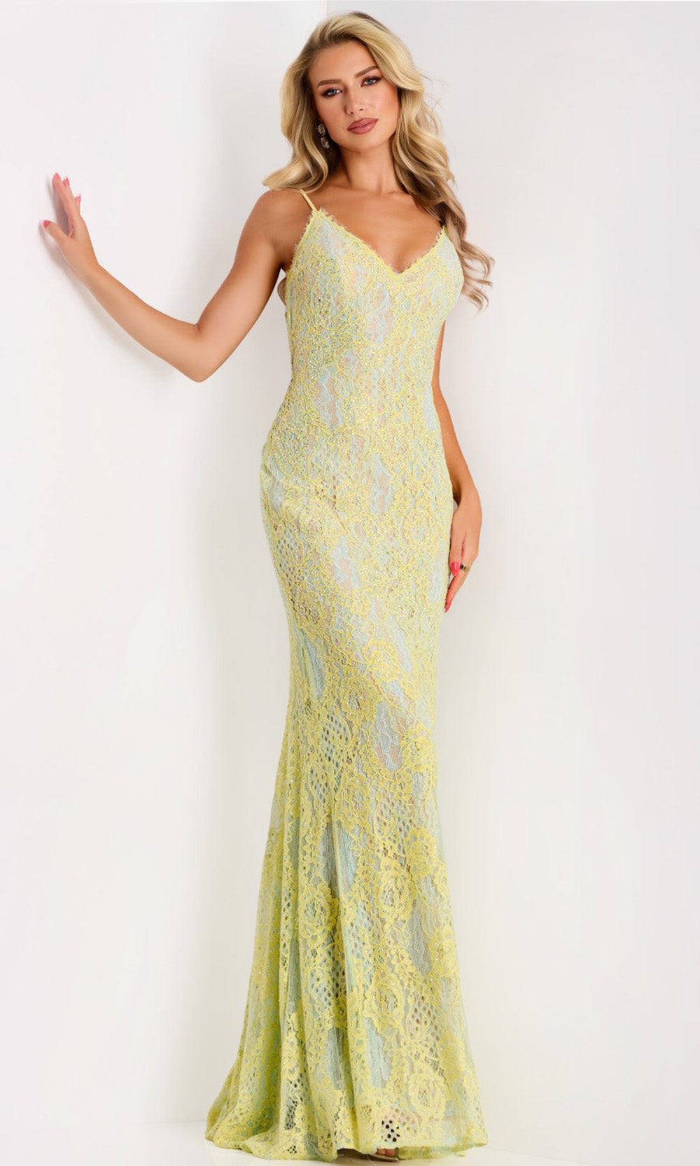 Jovani 44668 - Spaghetti Strap Floral Lace Sheath Gown