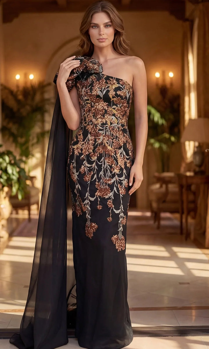 Jovani 46243 Floral Embroidery One Shoulder Dress - Black/Brown - Main