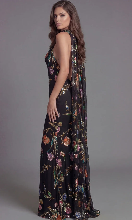 Jovani 47624 - Halter Column Gown with Floral Sequin Detail