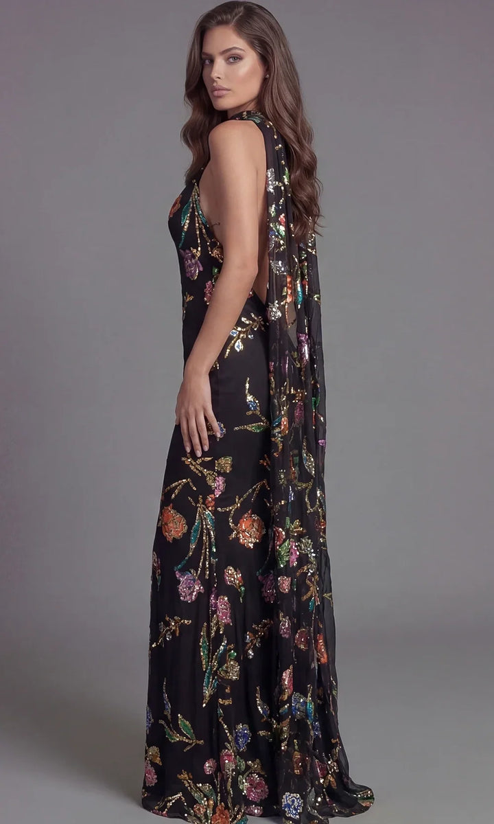 Jovani 47624 - Halter Column Gown with Floral Sequin Detail