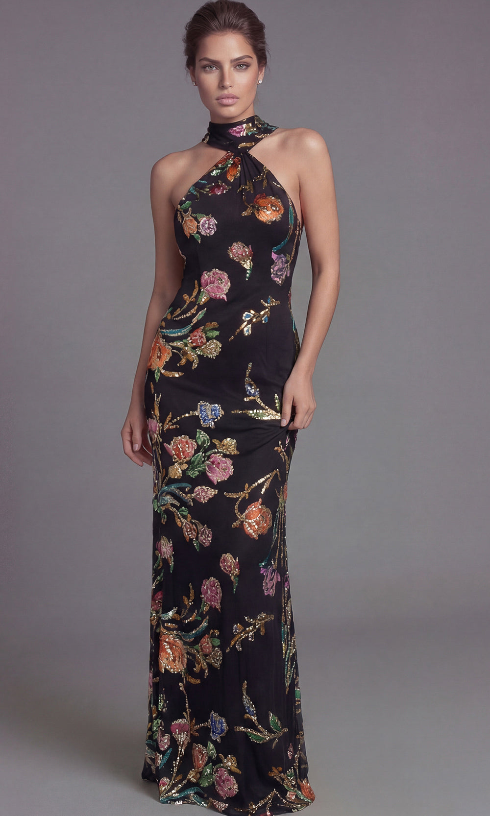 Jovani 47624 - Halter Column Gown with Floral Sequin Detail - Black/Multi - Main