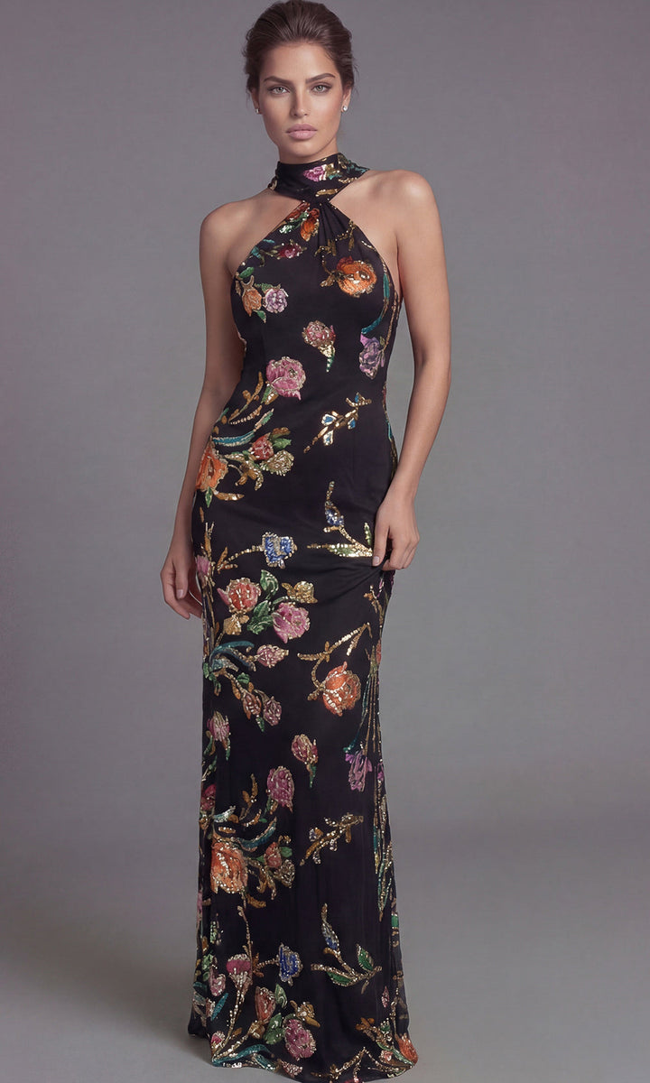 Jovani 47624 - Halter Column Gown with Floral Sequin Detail - Black/Multi - Main