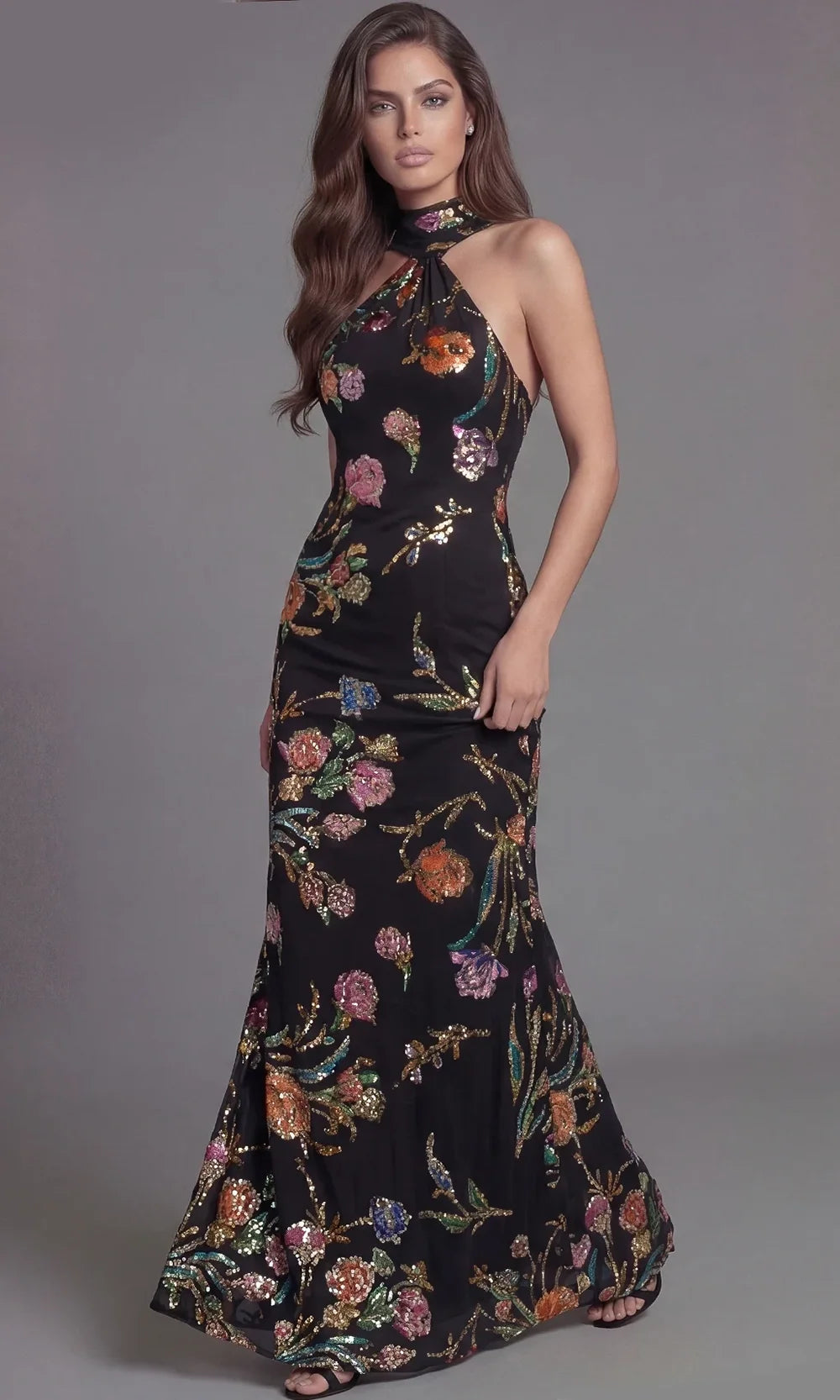 Jovani 47624 - Halter Column Gown with Floral Sequin Detail