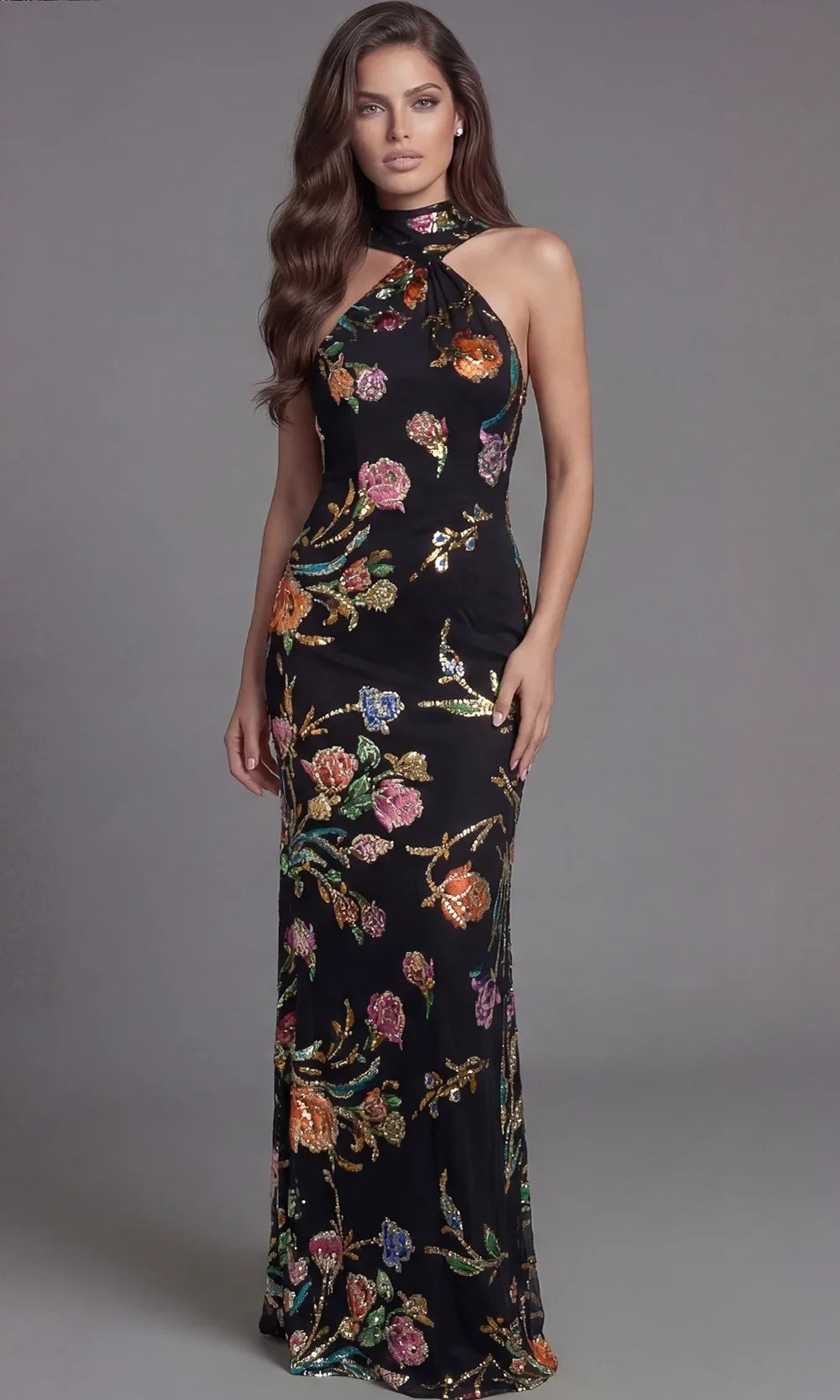 Jovani 47624 - Halter Column Gown with Floral Sequin Detail